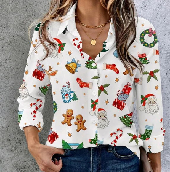 Casual Simple Christmas Element Open Cardigan Long Sleeve Women Shirt - Picture 3 of 5